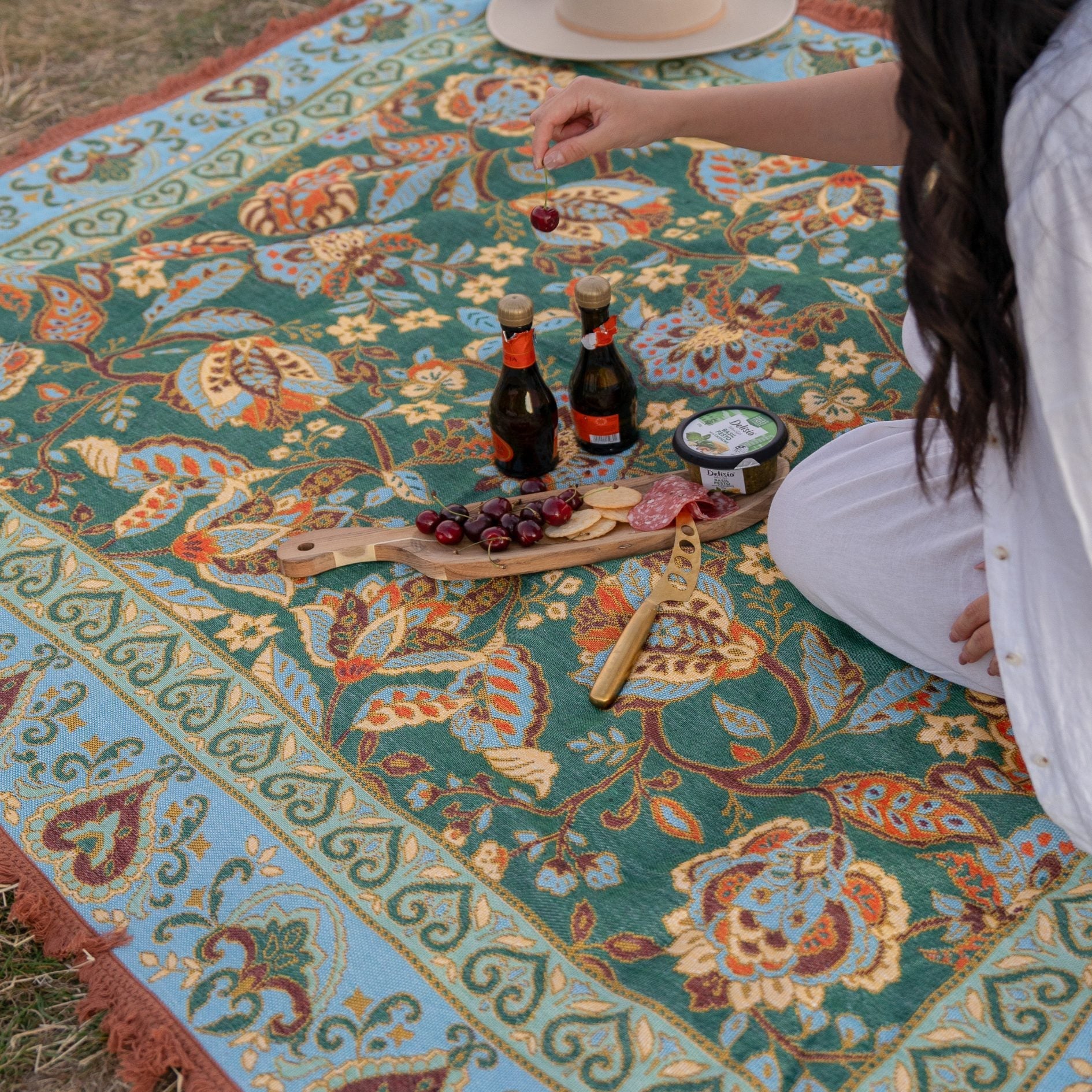 Jade Green Boho Picnic Rug